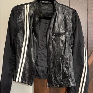 Aldo Black Leather Bomber Jacket with White Stripes